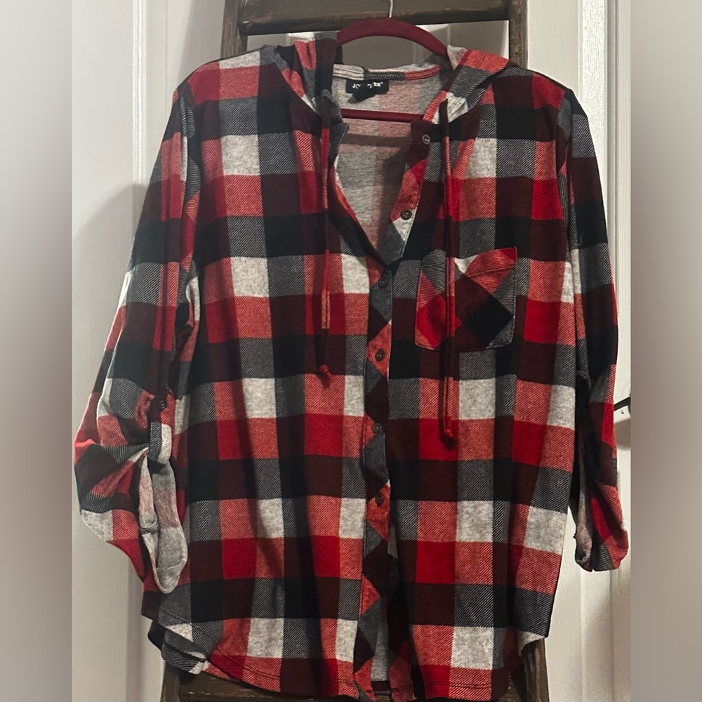Joe Boxer Button Down Hooded Plaid Top